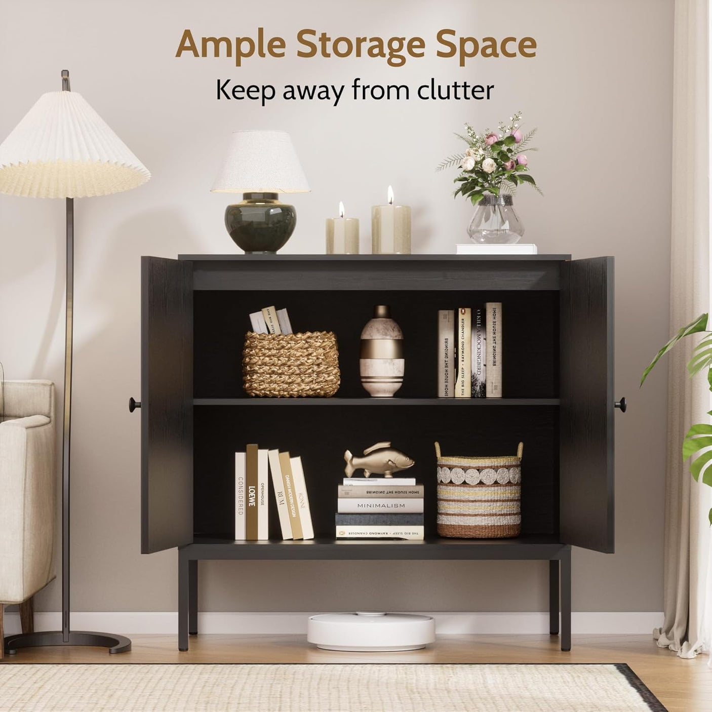 Fluted Sideboard Cabinet with Storage – 2-Door Arched Buffet Credenza | Mid-Century Modern | Walnut & Black