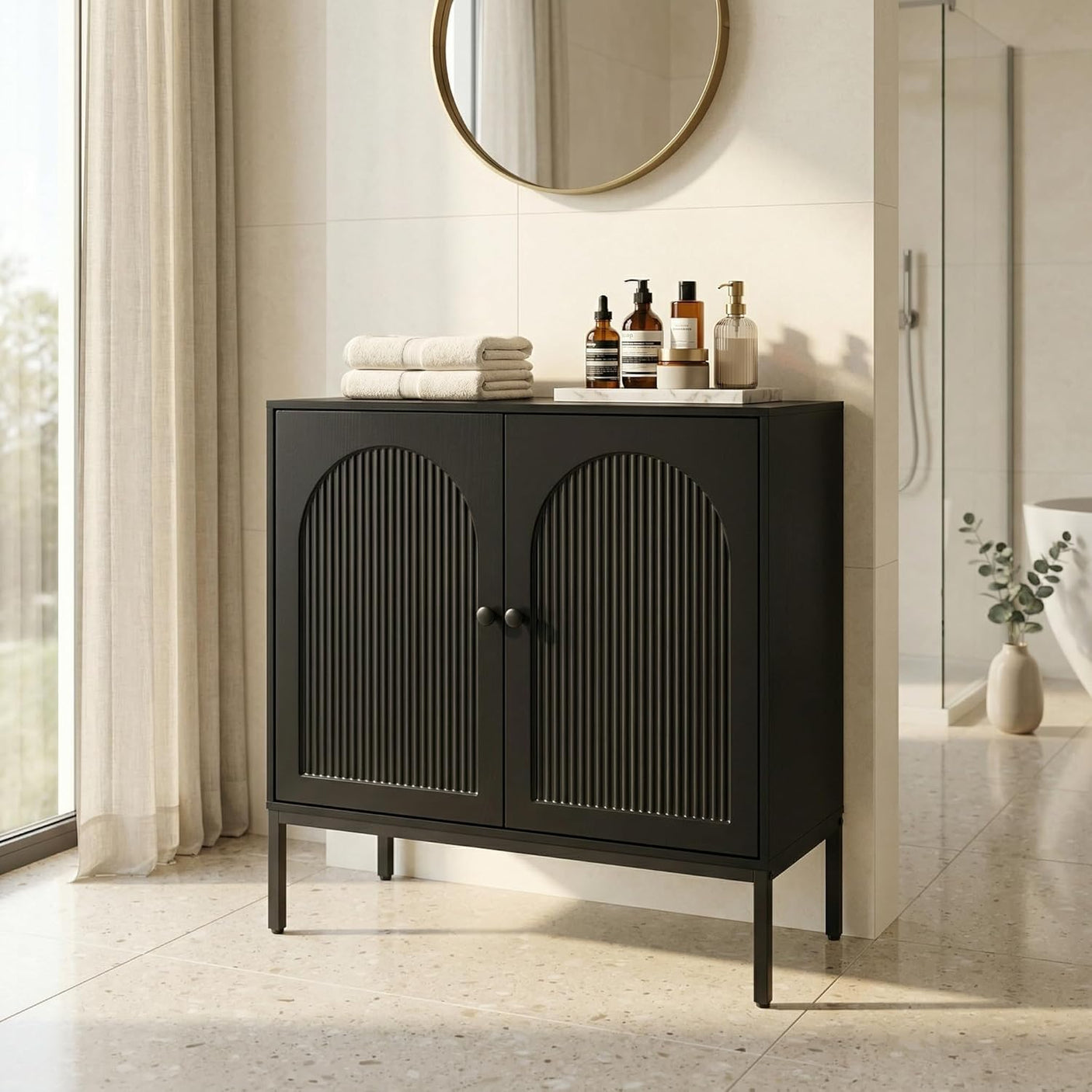Fluted Sideboard Cabinet with Storage – 2-Door Arched Buffet Credenza | Mid-Century Modern | Walnut & Black