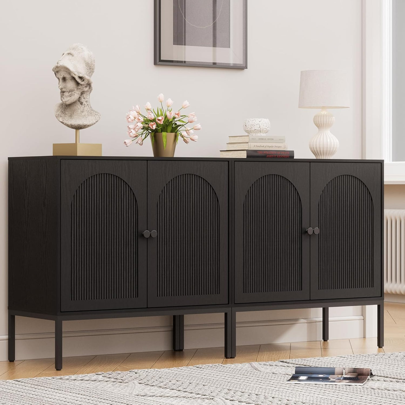 Fluted Sideboard Cabinet with Storage – 2-Door Arched Buffet Credenza | Mid-Century Modern | Walnut & Black