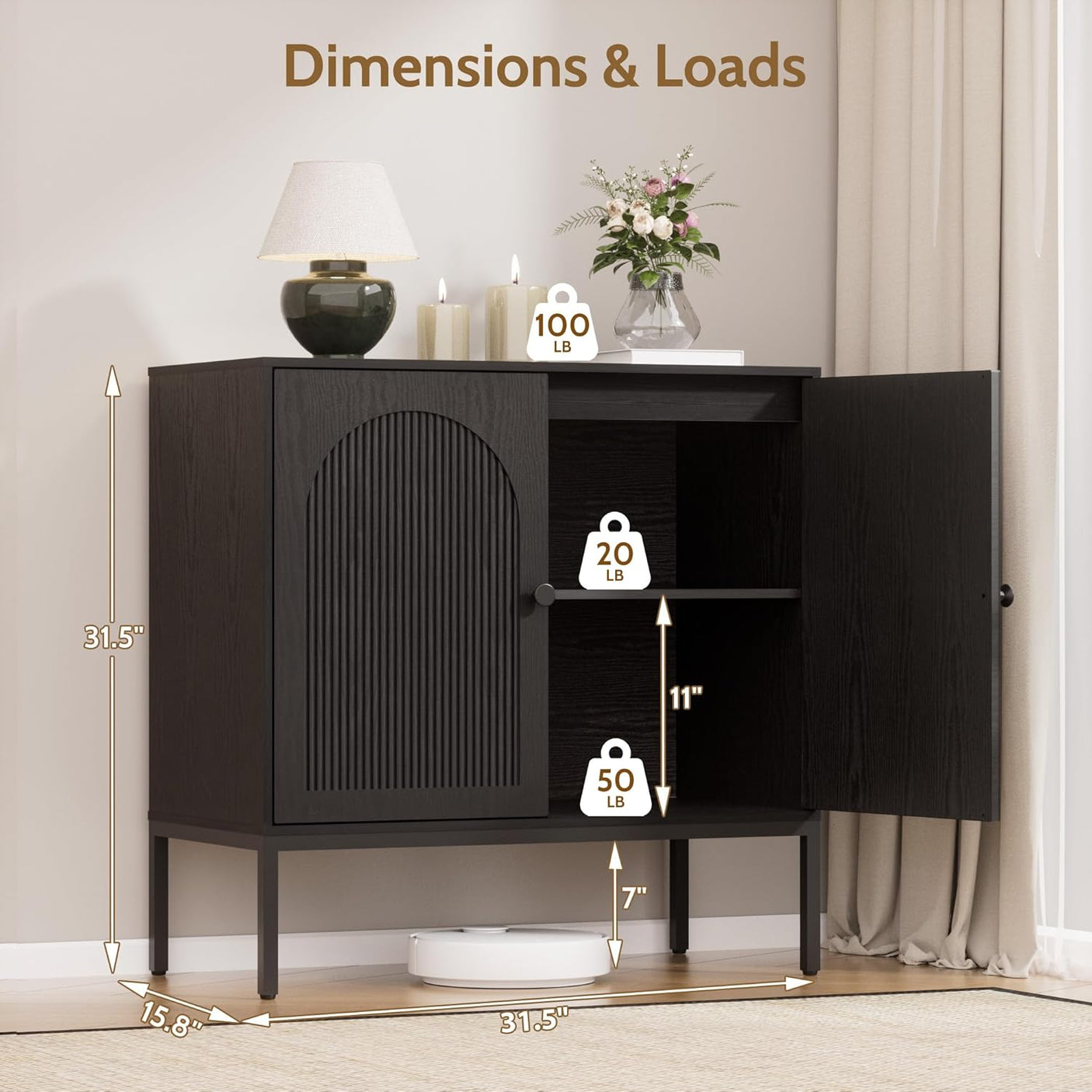 Fluted Sideboard Cabinet with Storage – 2-Door Arched Buffet Credenza | Mid-Century Modern | Walnut & Black