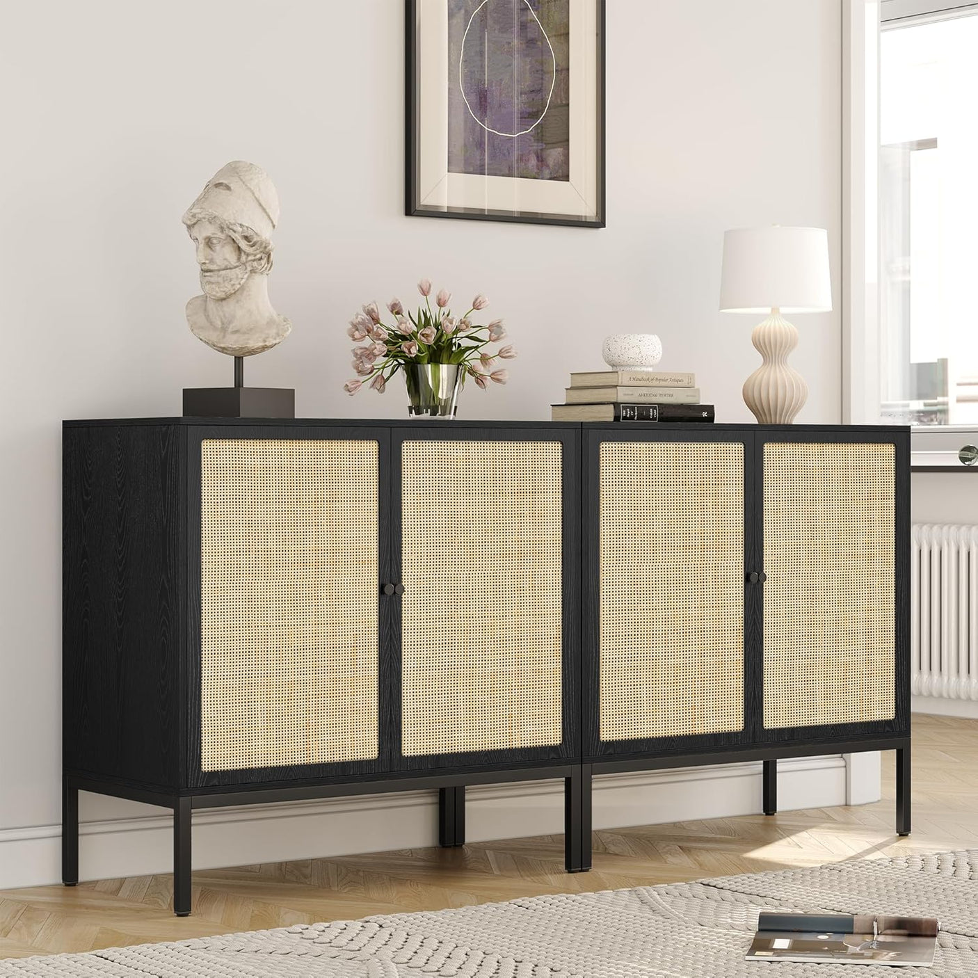 Sideboard Cabinet with Natural Rattan Decorated Doors