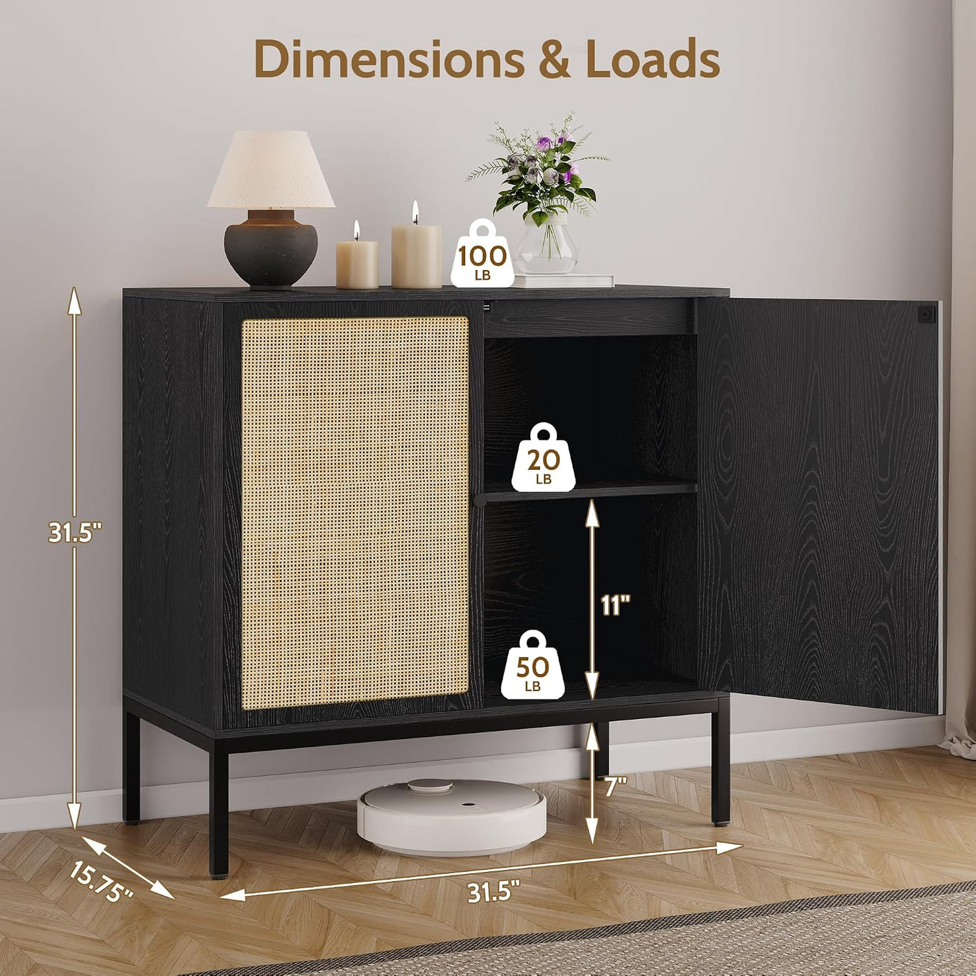 Sideboard Cabinet with Natural Rattan Decorated Doors