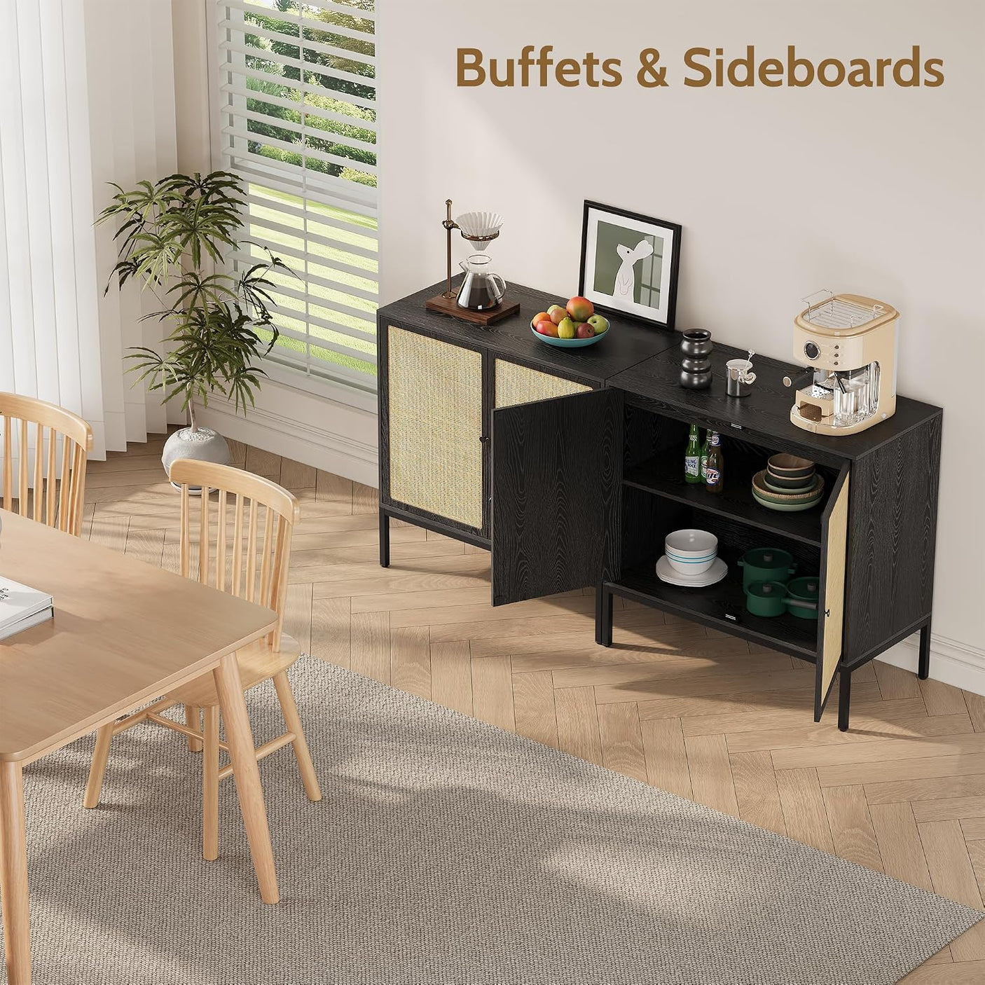 Sideboard Cabinet with Natural Rattan Decorated Doors
