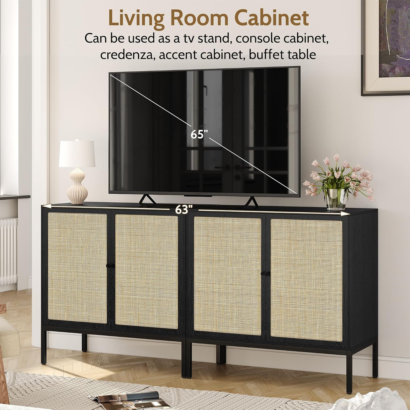 Sideboard Cabinet with Natural Rattan Decorated Doors