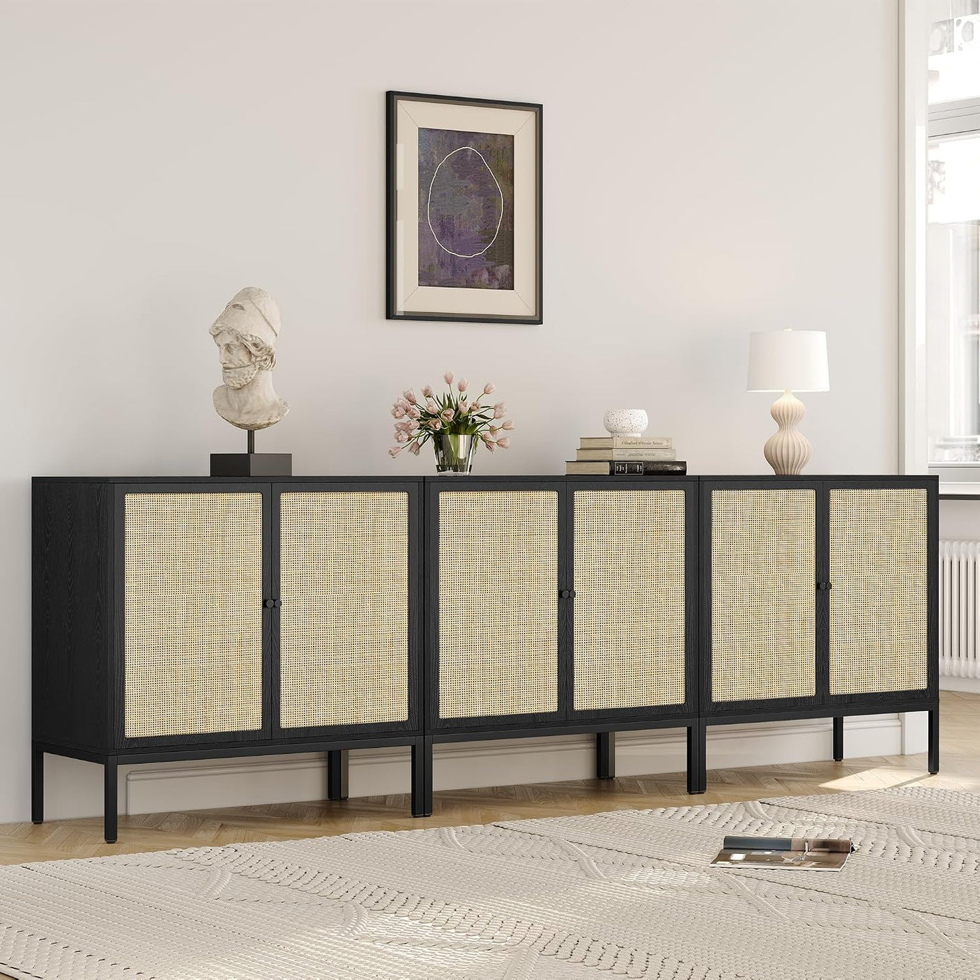 Sideboard Cabinet with Natural Rattan Decorated Doors