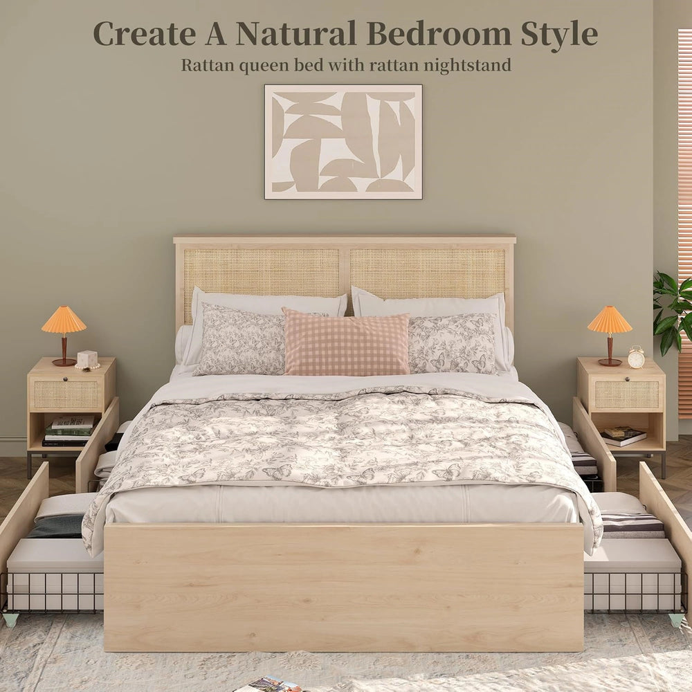 Boho Chic Natural Rattan Bed Frame with 4 Storage Drawers: Sturdy Metal Support & Tool-Free Assembly