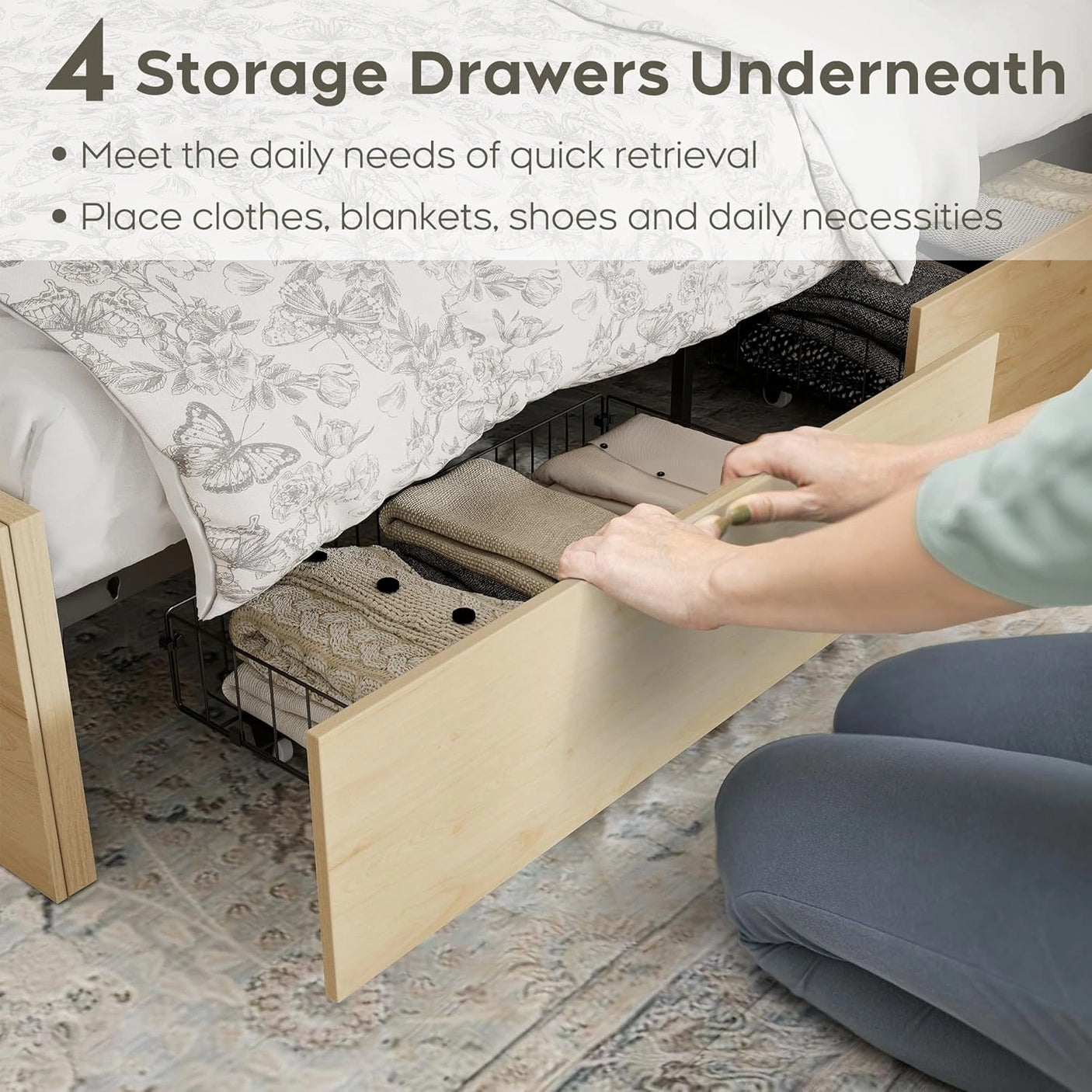 Boho Chic Natural Rattan Bed Frame with 4 Storage Drawers: Sturdy Metal Support & Tool-Free Assembly