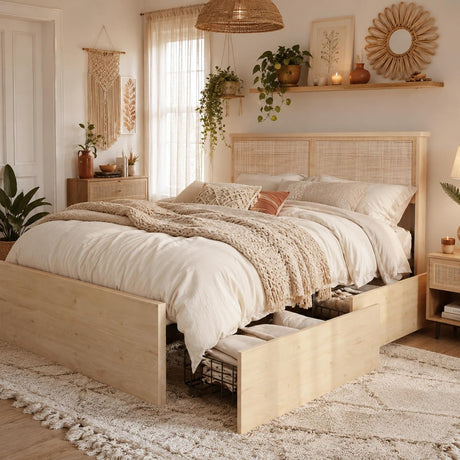 Boho Natural Rattan Bed Frame with 4 Storage Drawers | Sturdy Metal Support