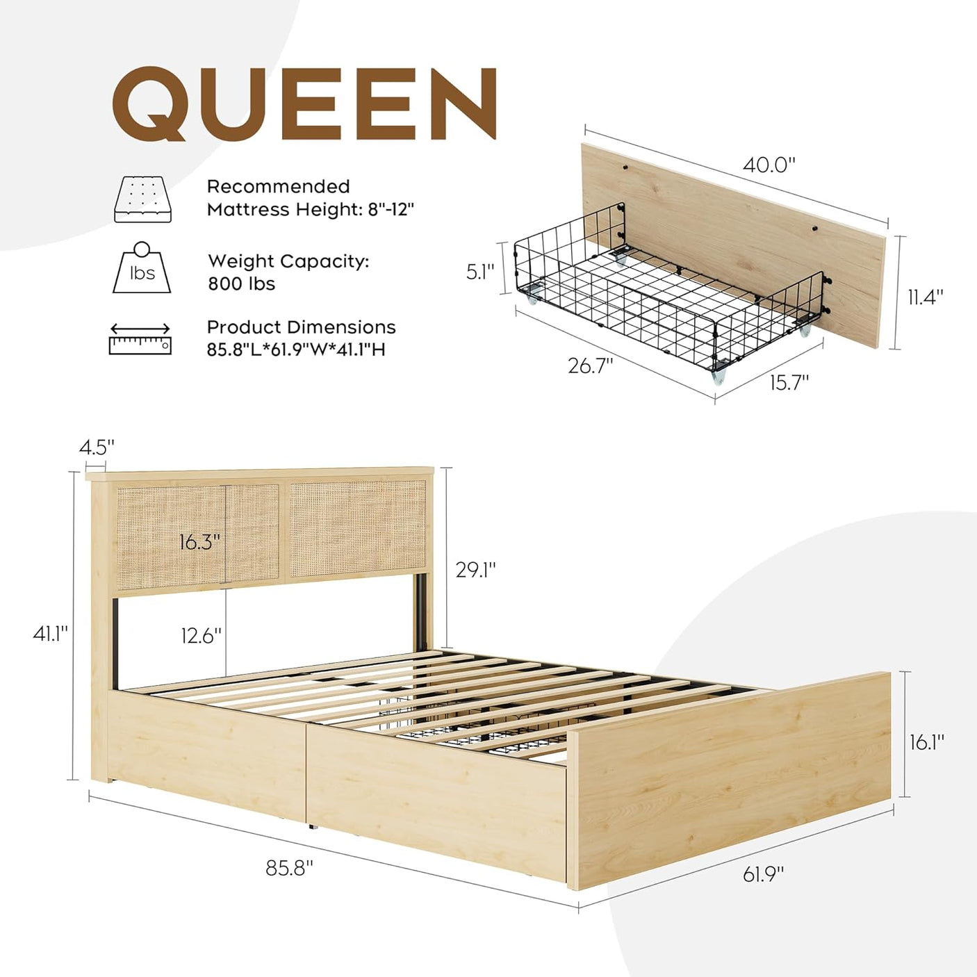 Boho Natural Rattan Bed Frame with 4 Storage Drawers | Sturdy Metal Support
