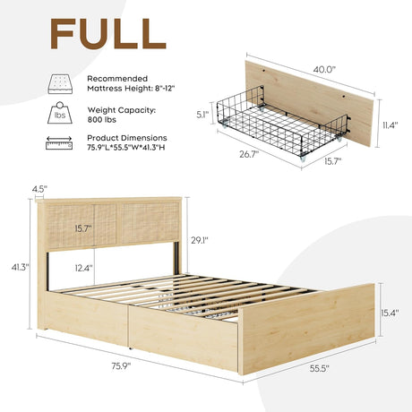 Boho Natural Rattan Bed Frame with 4 Storage Drawers | Sturdy Metal Support