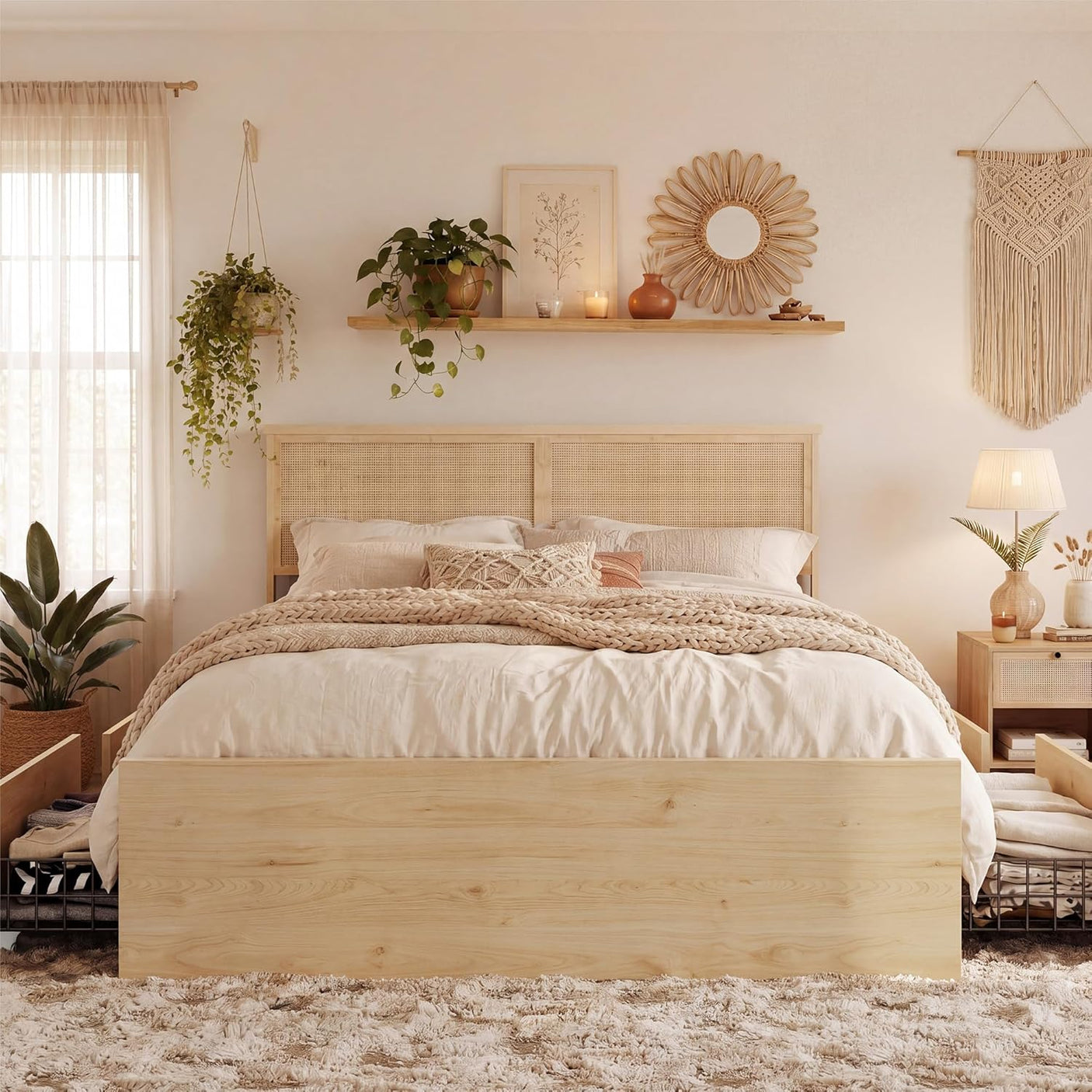 Boho Natural Rattan Bed Frame with 4 Storage Drawers | Sturdy Metal Support