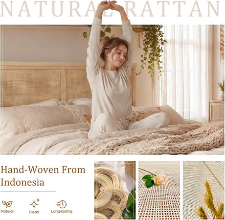 Boho Natural Rattan Bed Frame with 4 Storage Drawers | Sturdy Metal Support