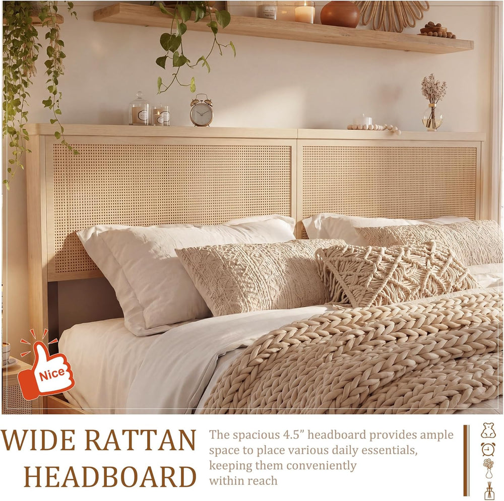 Boho Natural Rattan Bed Frame with 4 Storage Drawers | Sturdy Metal Support