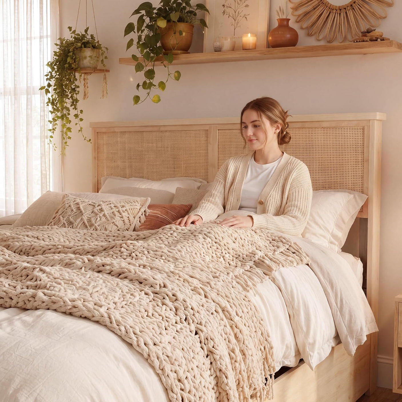 Boho Natural Rattan Bed Frame with 4 Storage Drawers | Sturdy Metal Support