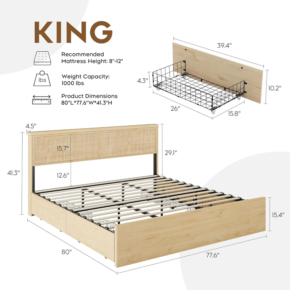 Boho Natural Rattan Bed Frame with 4 Storage Drawers | Sturdy Metal Support