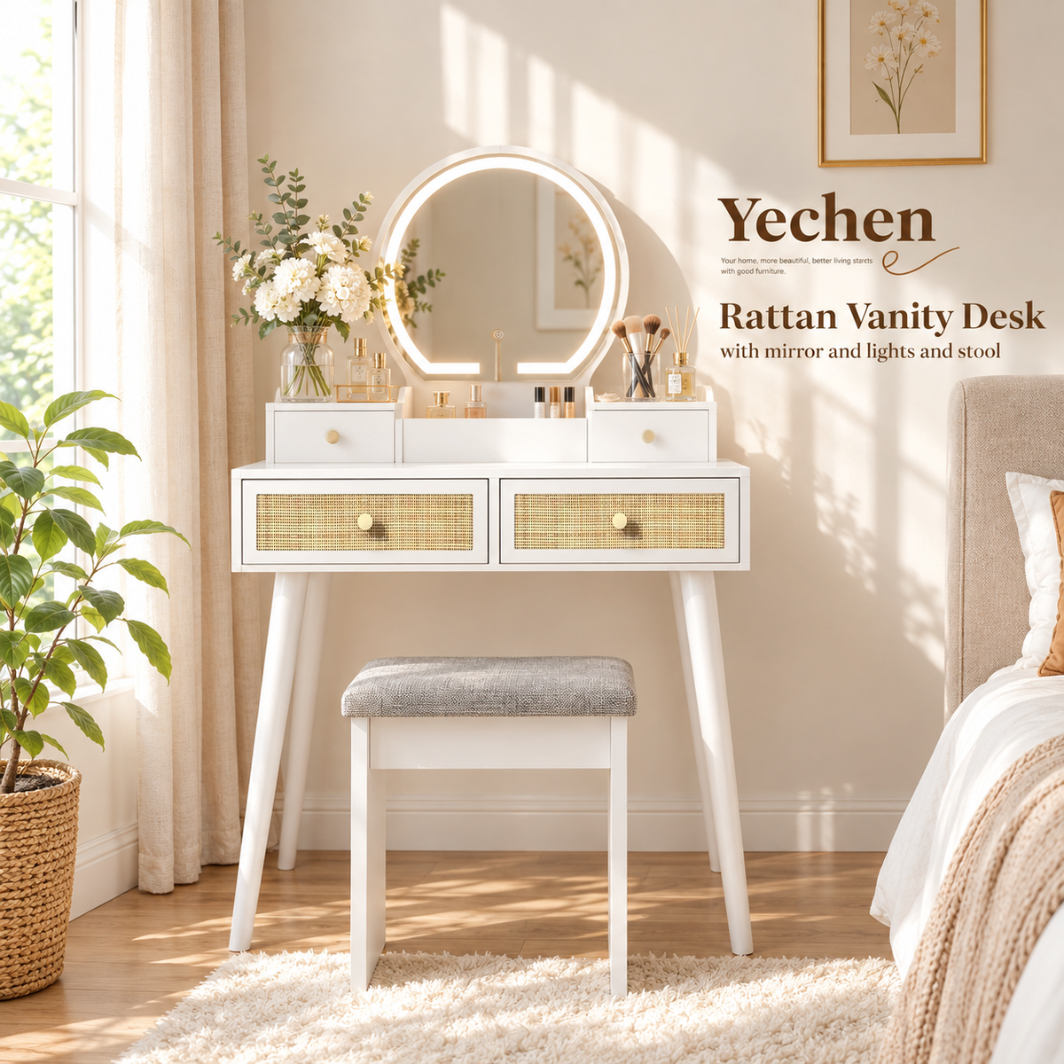 Boho Rattan Vanity Desk with LED Mirror & Cushioned Stool | White, 31.5" Compact Makeup Table