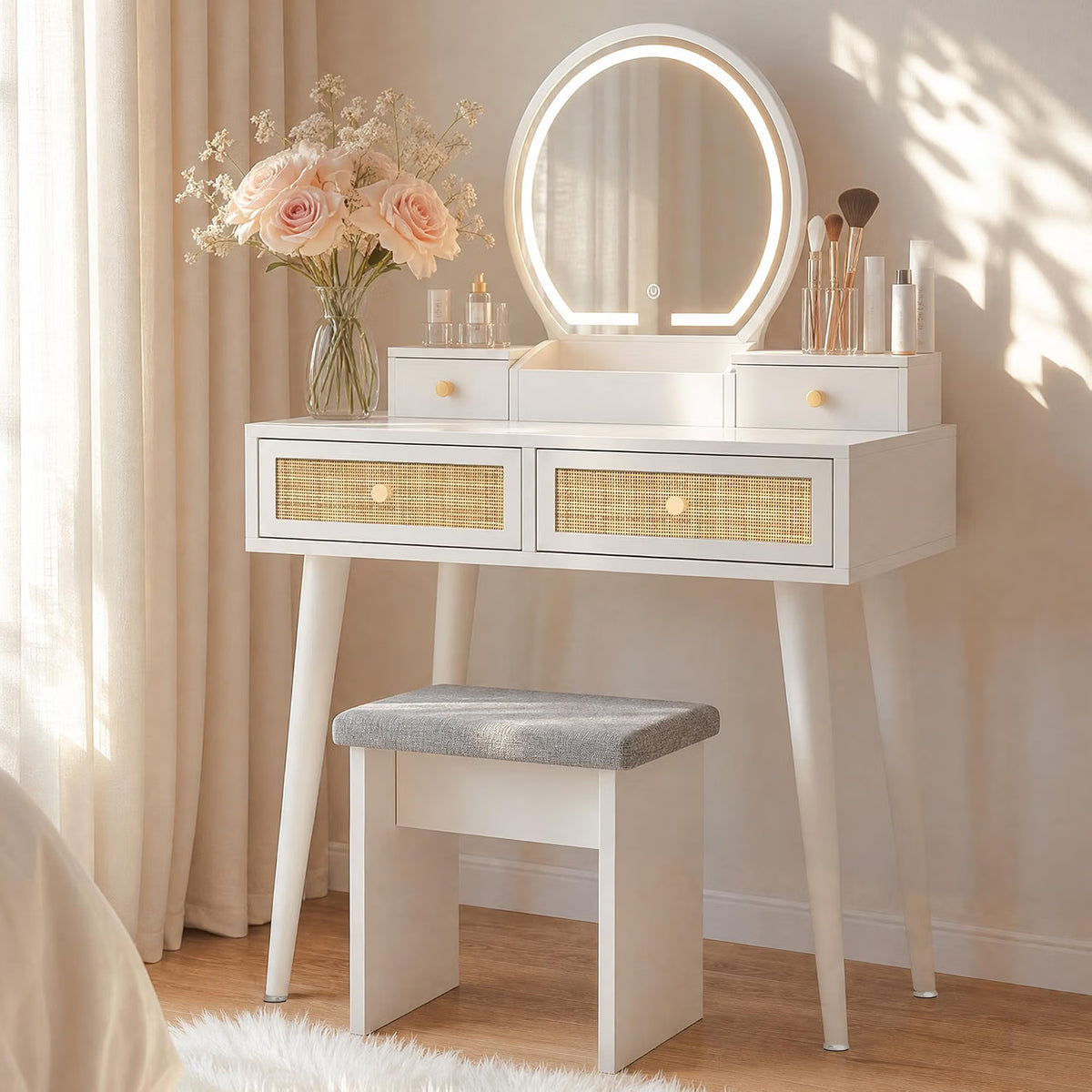 Boho Rattan Vanity Desk with LED Mirror & Cushioned Stool | White, 31.5" Compact Makeup Table
