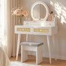 Boho Rattan Vanity Desk with LED Mirror & Cushioned Stool | White, 31.5" Compact Makeup Table