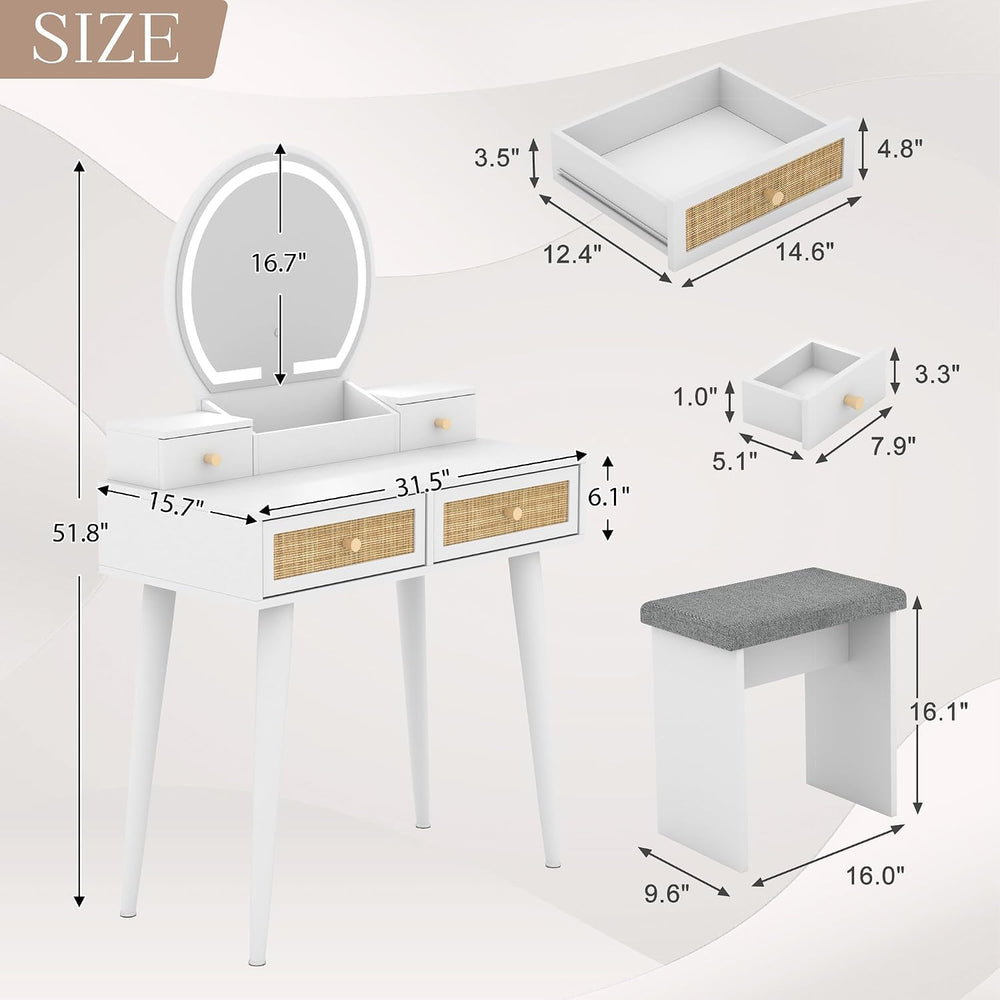 Boho Rattan Vanity Desk with LED Mirror & Cushioned Stool | White, 31.5" Compact Makeup Table