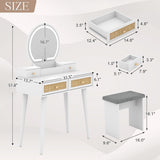 Boho Rattan Vanity Desk with LED Mirror & Cushioned Stool | White, 31.5" Compact Makeup Table