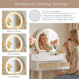 Boho Rattan Vanity Desk with LED Mirror & Cushioned Stool | White, 31.5" Compact Makeup Table