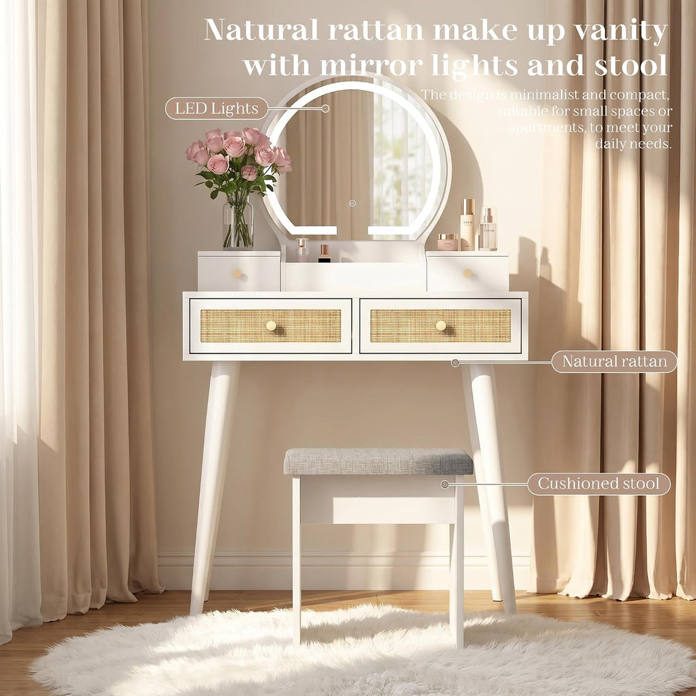 Boho Rattan Vanity Desk with LED Mirror & Cushioned Stool | White, 31.5" Compact Makeup Table