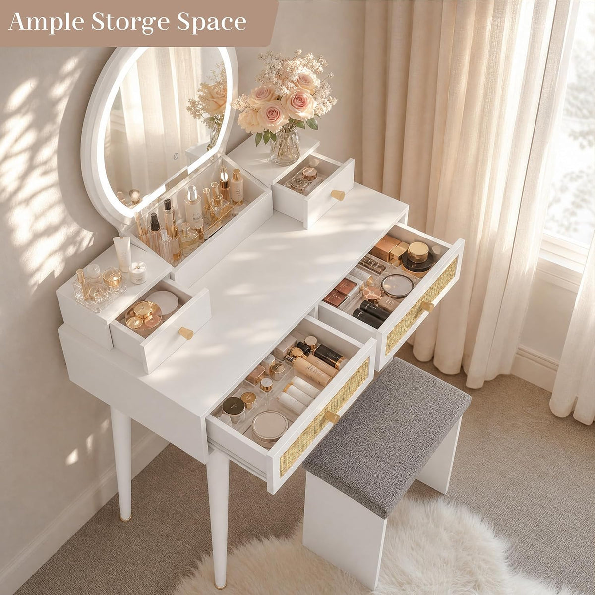Boho Rattan Vanity Desk with LED Mirror & Cushioned Stool | White, 31.5" Compact Makeup Table