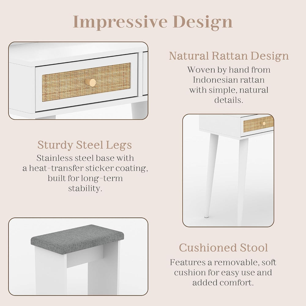 Boho Rattan Vanity Desk with LED Mirror & Cushioned Stool | White, 31.5" Compact Makeup Table