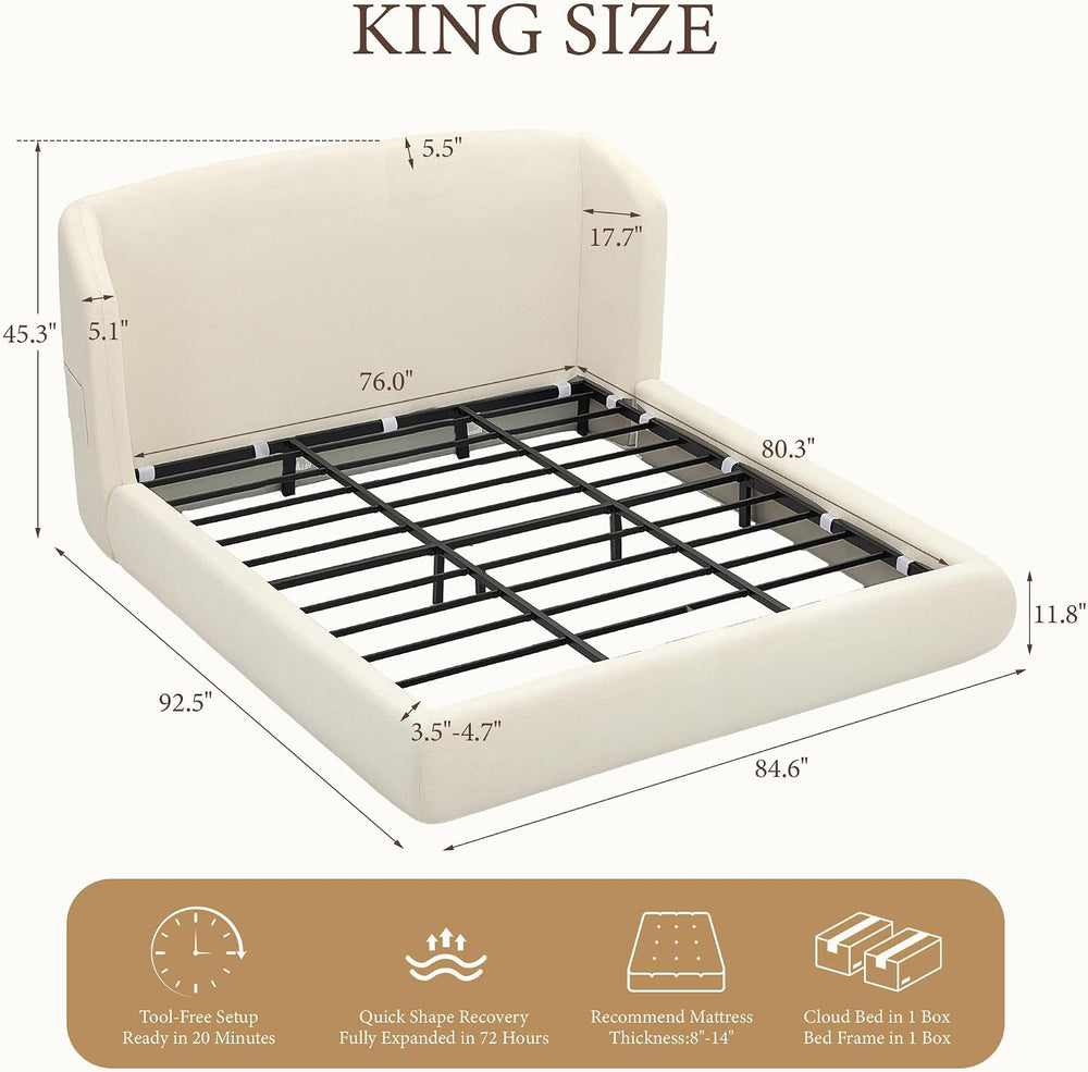 Cloud Bed Frame — Plush Wavy Wingback Headboard | No Box Spring | White | Queen & King 14