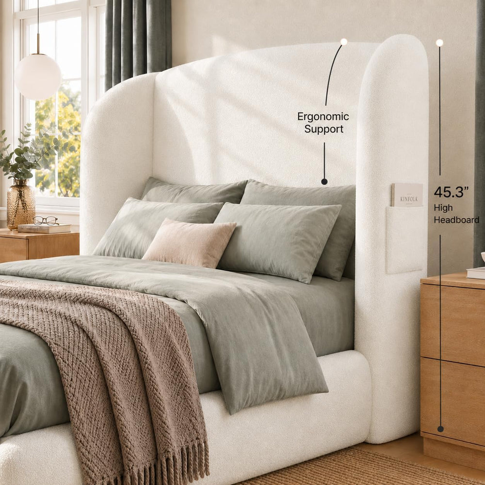 Cloud Bed Frame — Plush Wavy Wingback Headboard | No Box Spring | White | Queen & King 3