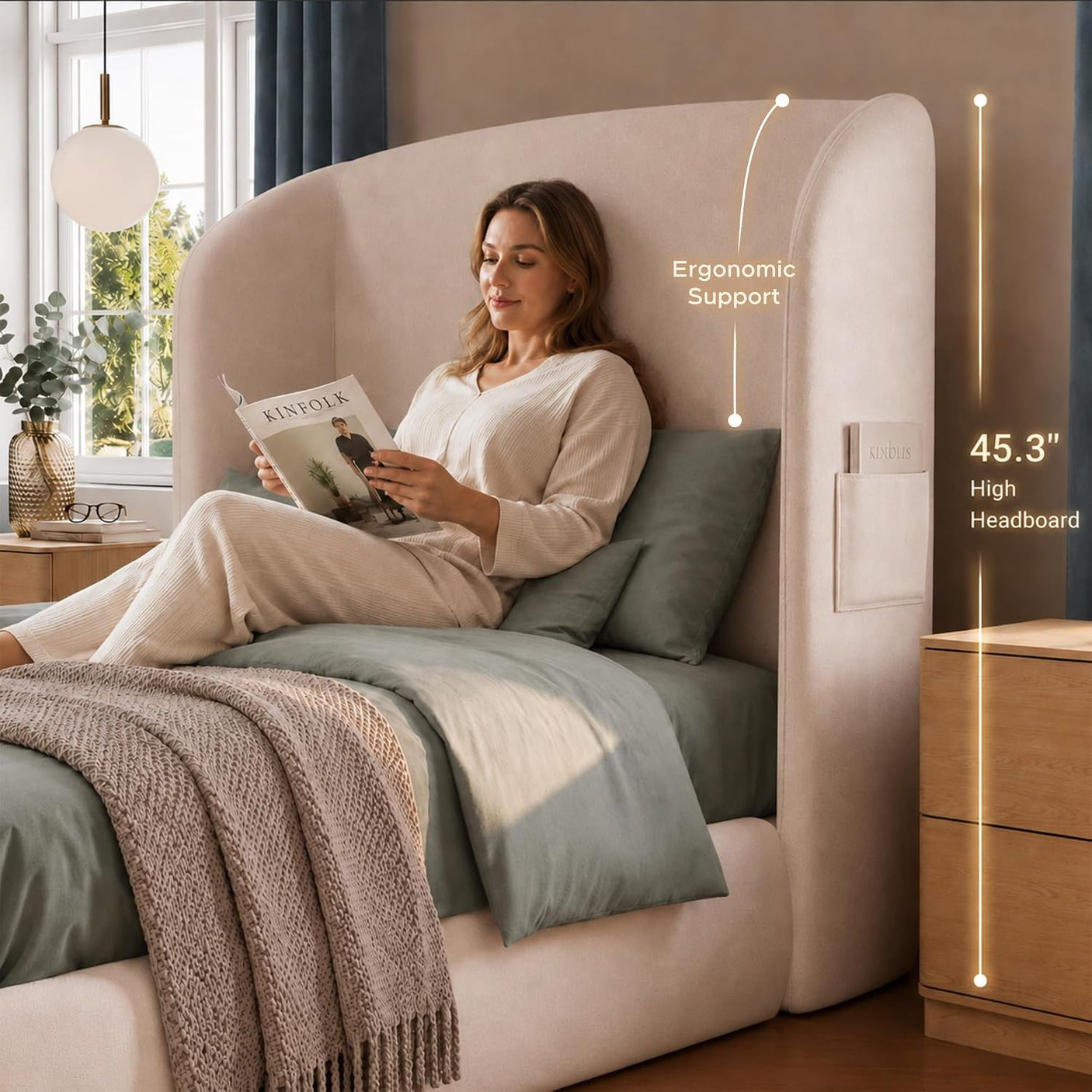 Cloud Bed Frame — Plush Wavy Wingback Headboard | No Box Spring | White | Queen & King 4