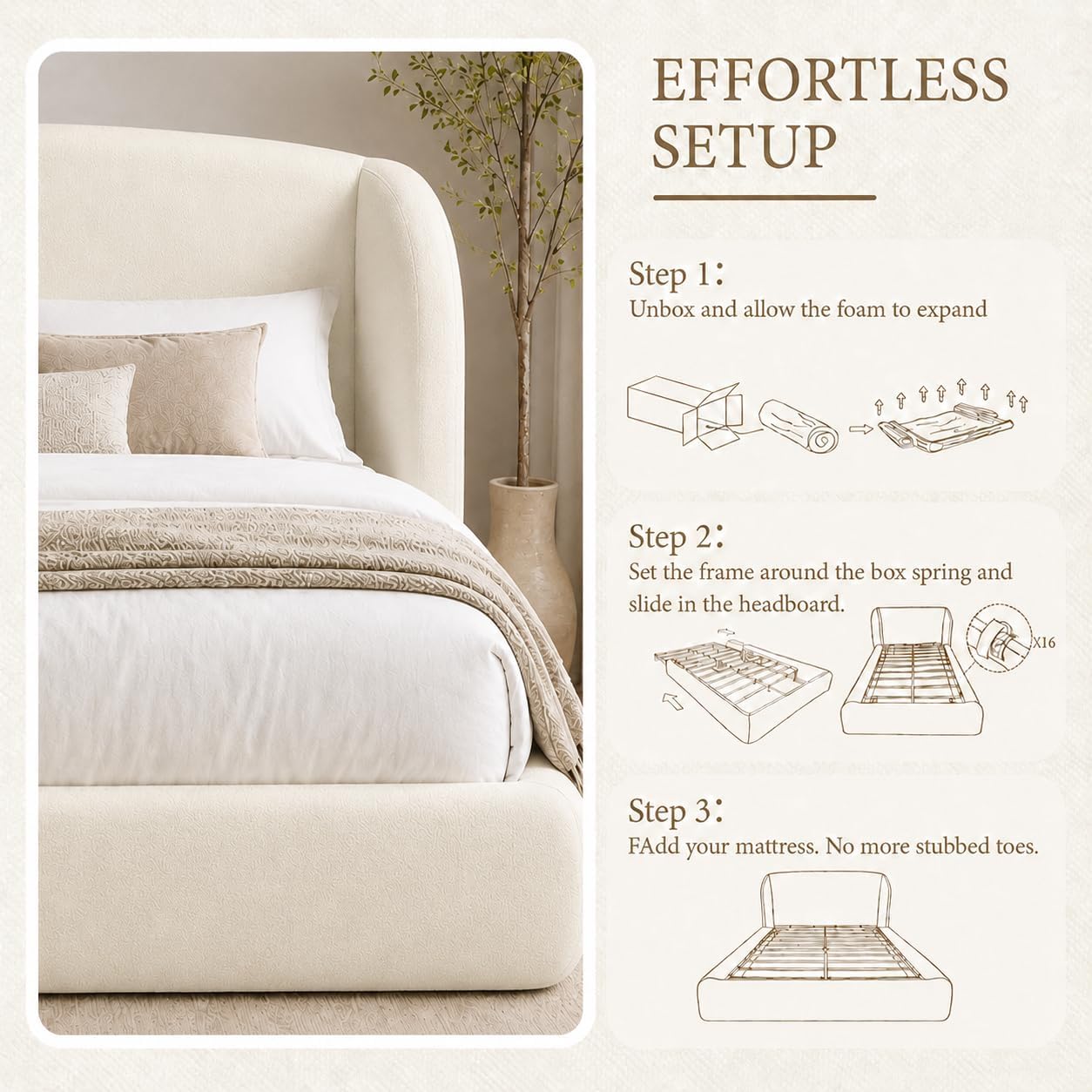 Cloud Bed Frame — Plush Wavy Wingback Headboard | No Box Spring | White | Queen & King 9