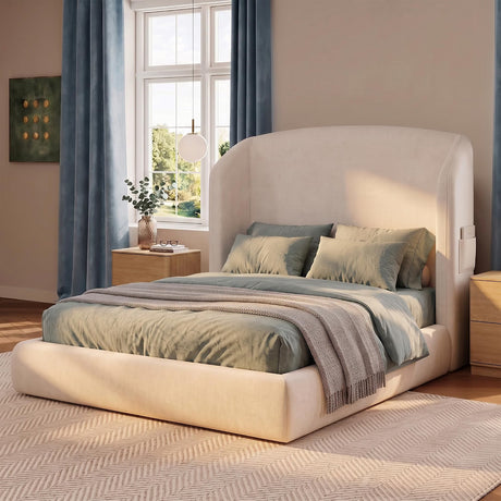 Cloud Bed Frame — Plush Wavy Wingback Headboard | No Box Spring | White | Queen & King queen