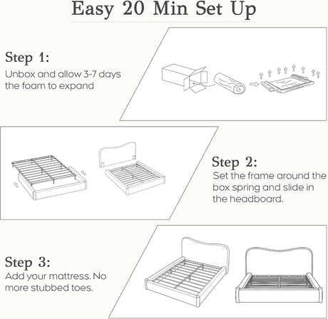 Cloud Bed Frame with Solid Wood Posts | 6-Inch Thick Headboard | 40.5" Tall Camelback Curved Headboard | Upholstered Platform Bed | Queen & King 3