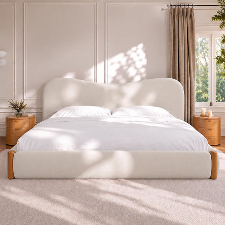 Cloud Bed Frame with Solid Wood Posts | 6-Inch Thick Headboard | 40.5" Tall Camelback Curved Headboard | Upholstered Platform Bed | Queen & King 