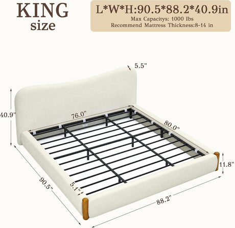 Cloud Bed Frame with Solid Wood Posts | 6-Inch Thick Headboard | 40.5" Tall Camelback Curved Headboard | Upholstered Platform Bed | Queen & King 36