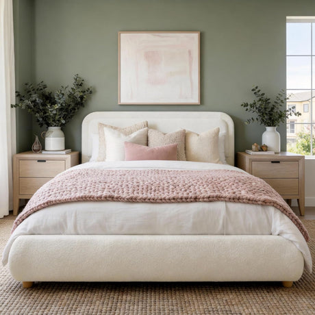 Cloud Boucle Bed Frame | Rounded Headboard, Solid Wood Legs, No Box Spring Needed beige
