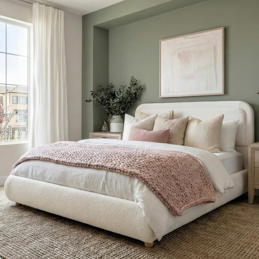 Cloud Boucle Bed Frame | Rounded Headboard, Solid Wood Legs, No Box Spring Needed beige