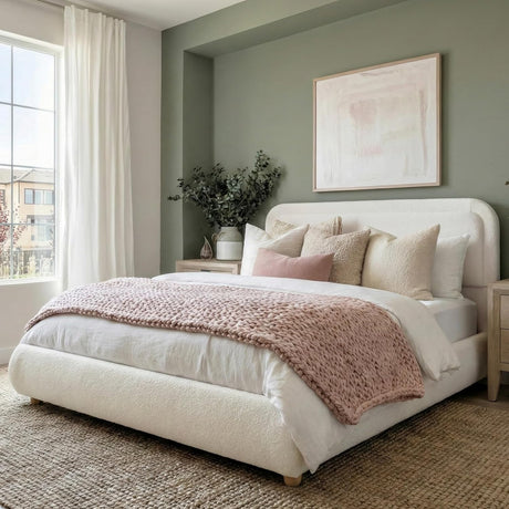 Cloud Boucle Bed Frame | Rounded Headboard, Solid Wood Legs, No Box Spring Needed beige