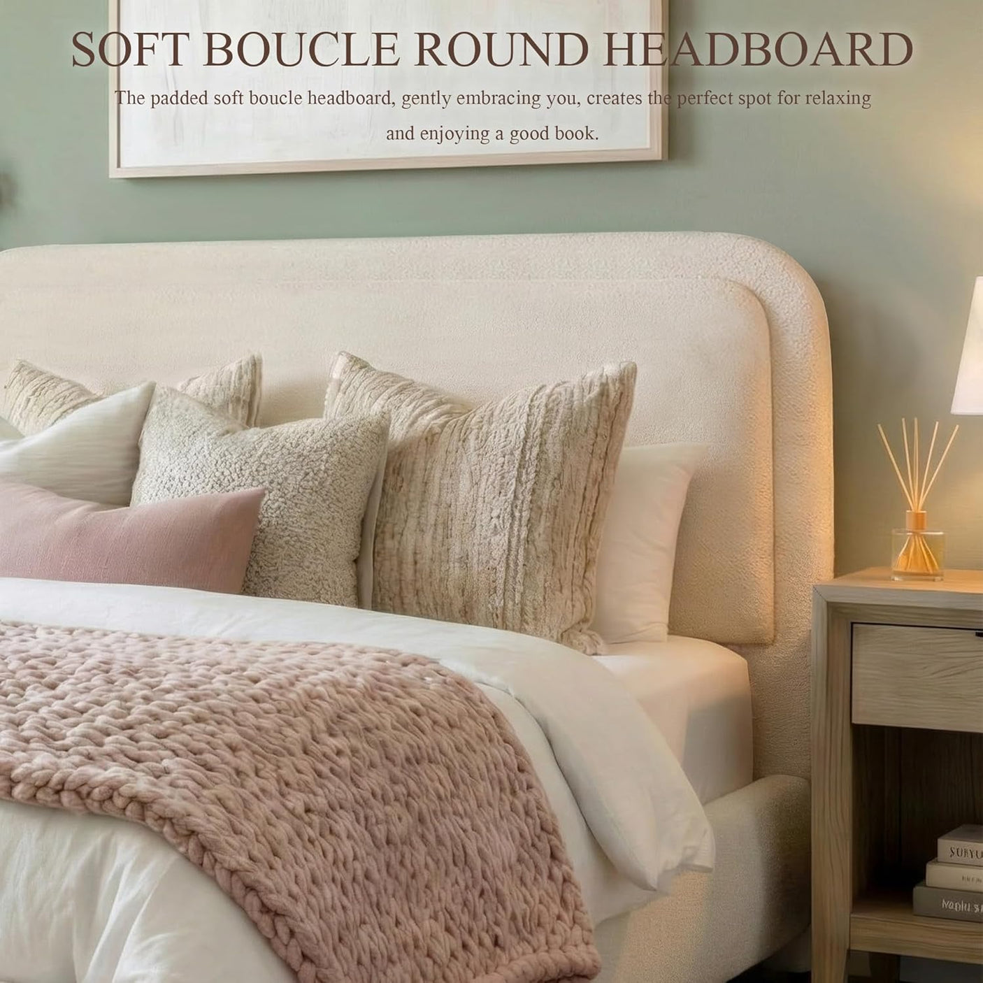 Cloud Boucle Bed Frame | Rounded Headboard, Solid Wood Legs, No Box Spring Needed beige