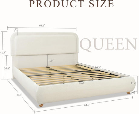 Cloud Boucle Bed Frame | Rounded Headboard, Solid Wood Legs, No Box Spring Needed beige queen