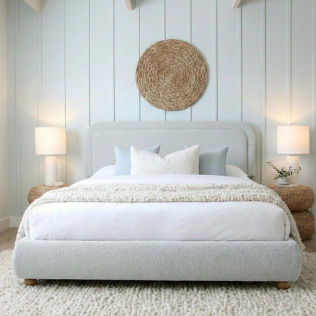 Cloud Boucle Bed Frame | Rounded Headboard, Solid Wood Legs, No Box Spring Needed grey