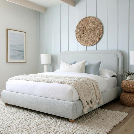Cloud Boucle Bed Frame | Rounded Headboard, Solid Wood Legs, No Box Spring Needed grey