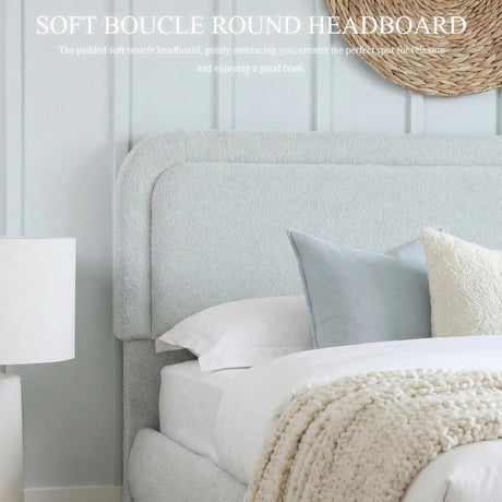 Cloud Boucle Bed Frame | Rounded Headboard, Solid Wood Legs, No Box Spring Needed grey