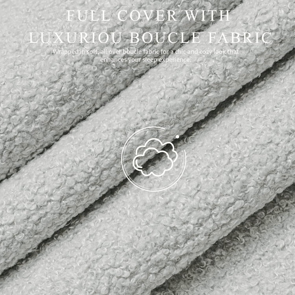Cloud Boucle Bed Frame | Rounded Headboard, Solid Wood Legs, No Box Spring Needed grey