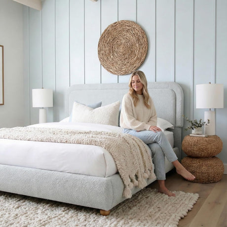 Cloud Boucle Bed Frame | Rounded Headboard, Solid Wood Legs, No Box Spring Needed grey