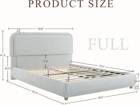 Cloud Boucle Bed Frame | Rounded Headboard, Solid Wood Legs, No Box Spring Needed grey full size
