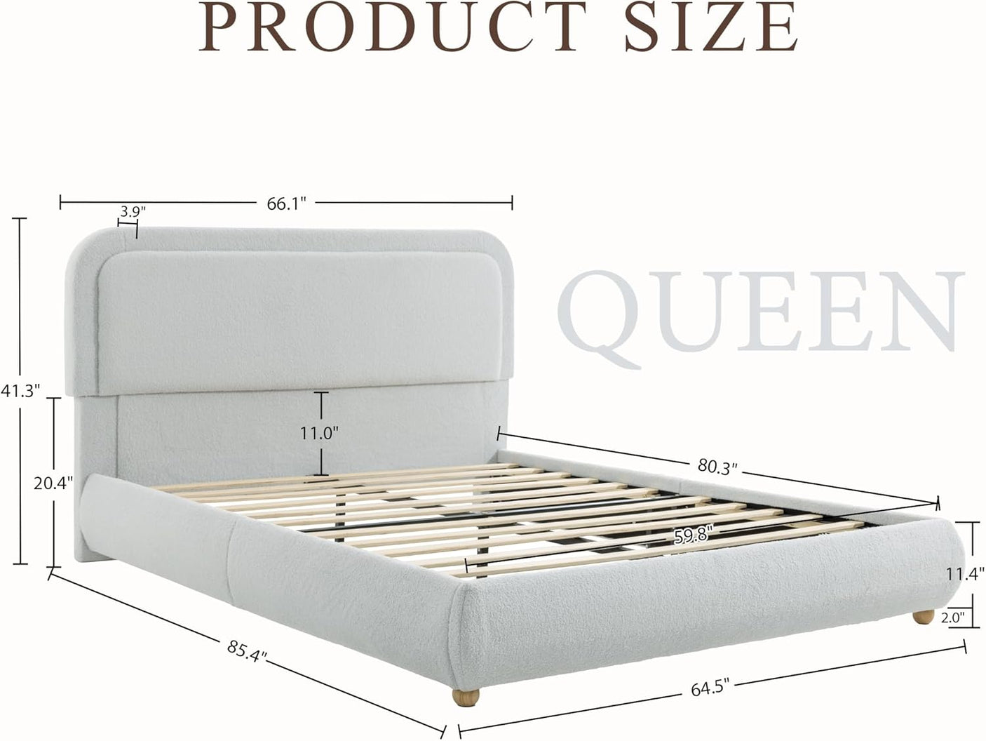 Cloud Boucle Bed Frame | Rounded Headboard, Solid Wood Legs, No Box Spring Needed grey queen size