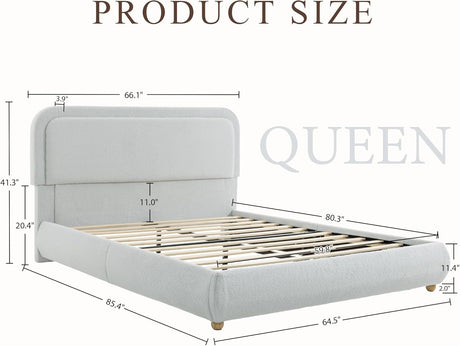 Cloud Boucle Bed Frame | Rounded Headboard, Solid Wood Legs, No Box Spring Needed grey queen size