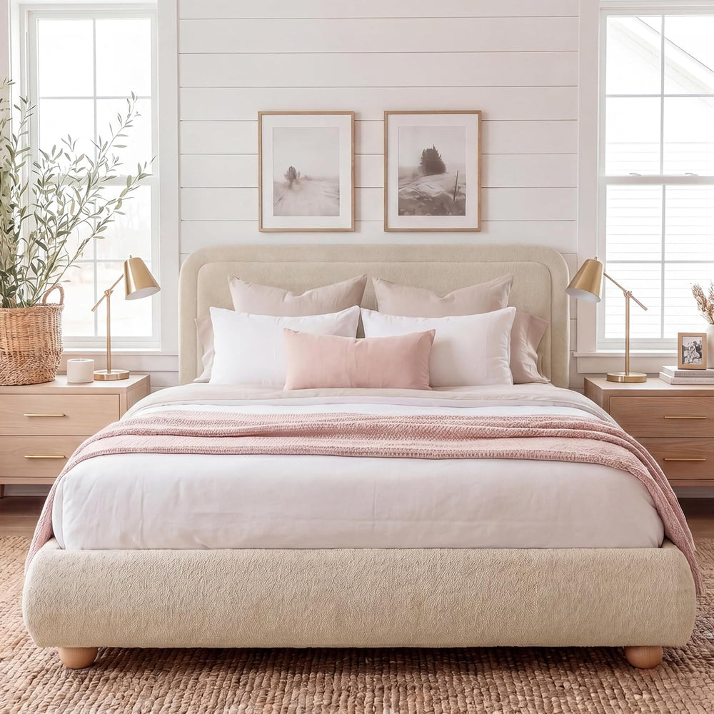 Cloud Boucle Bed Frame | Rounded Headboard, Solid Wood Legs, No Box Spring Needed khaki 